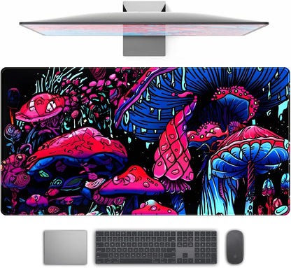 Mushrooms Plants Gaming Mouse Pad Desk Mat, Large Desk Mat for Desktop Large Keyboard Mouse Pad, Xl Mousepad for Women Desk Accessories Non-Slip Rubber Base Keyboard Pad with Stitched Eges 31.5X15.8In