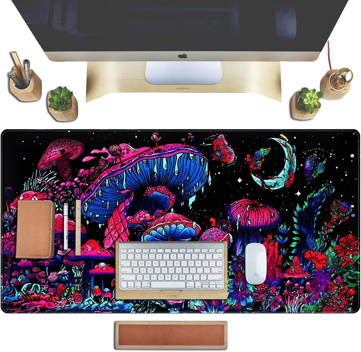 Mushrooms Plants Gaming Mouse Pad Desk Mat, Large Desk Mat for Desktop Large Keyboard Mouse Pad, Xl Mousepad for Women Desk Accessories Non-Slip Rubber Base Keyboard Pad with Stitched Eges 31.5X15.8In