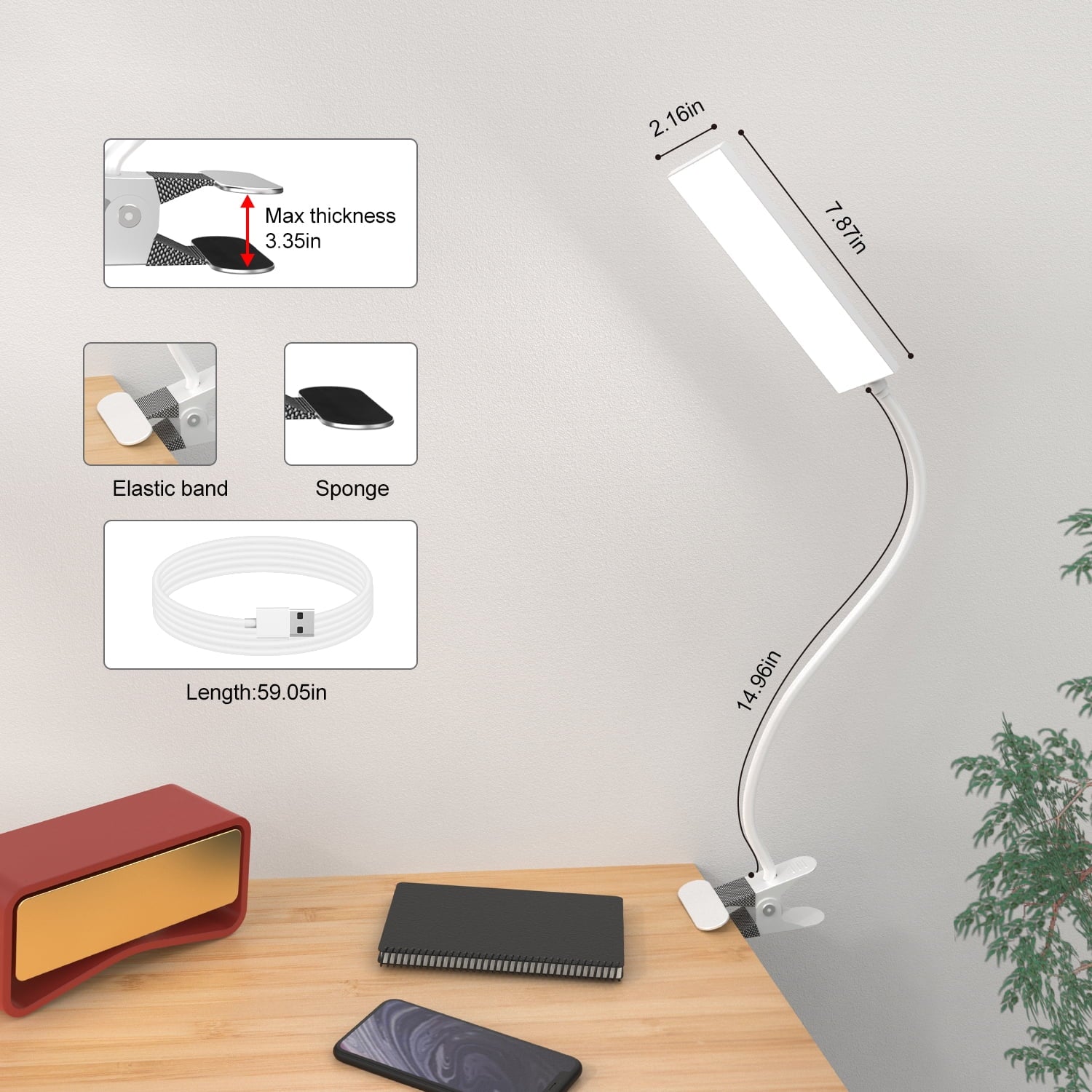 5W Adjustable Clamp Desk Lamp with USB Port