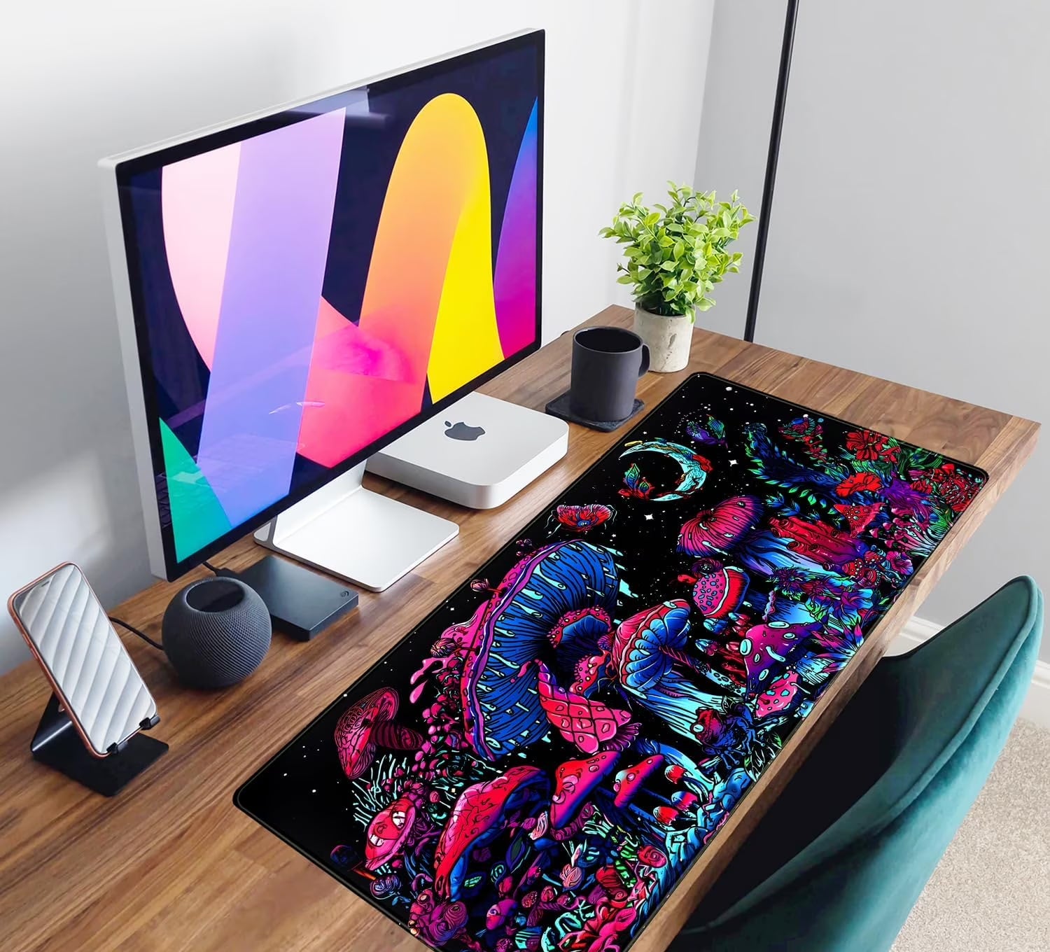 Mushrooms Plants Gaming Mouse Pad Desk Mat, Large Desk Mat for Desktop Large Keyboard Mouse Pad, Xl Mousepad for Women Desk Accessories Non-Slip Rubber Base Keyboard Pad with Stitched Eges 31.5X15.8In