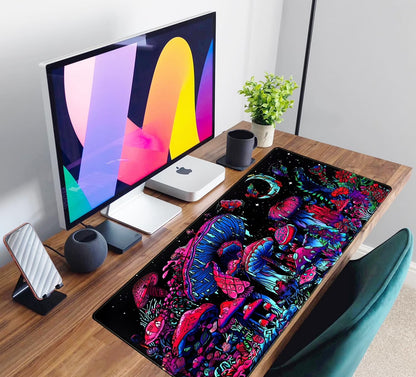 Mushrooms Plants Gaming Mouse Pad Desk Mat, Large Desk Mat for Desktop Large Keyboard Mouse Pad, Xl Mousepad for Women Desk Accessories Non-Slip Rubber Base Keyboard Pad with Stitched Eges 31.5X15.8In