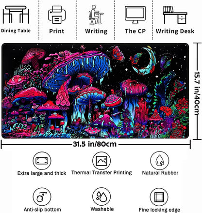 Mushrooms Plants Gaming Mouse Pad Desk Mat, Large Desk Mat for Desktop Large Keyboard Mouse Pad, Xl Mousepad for Women Desk Accessories Non-Slip Rubber Base Keyboard Pad with Stitched Eges 31.5X15.8In