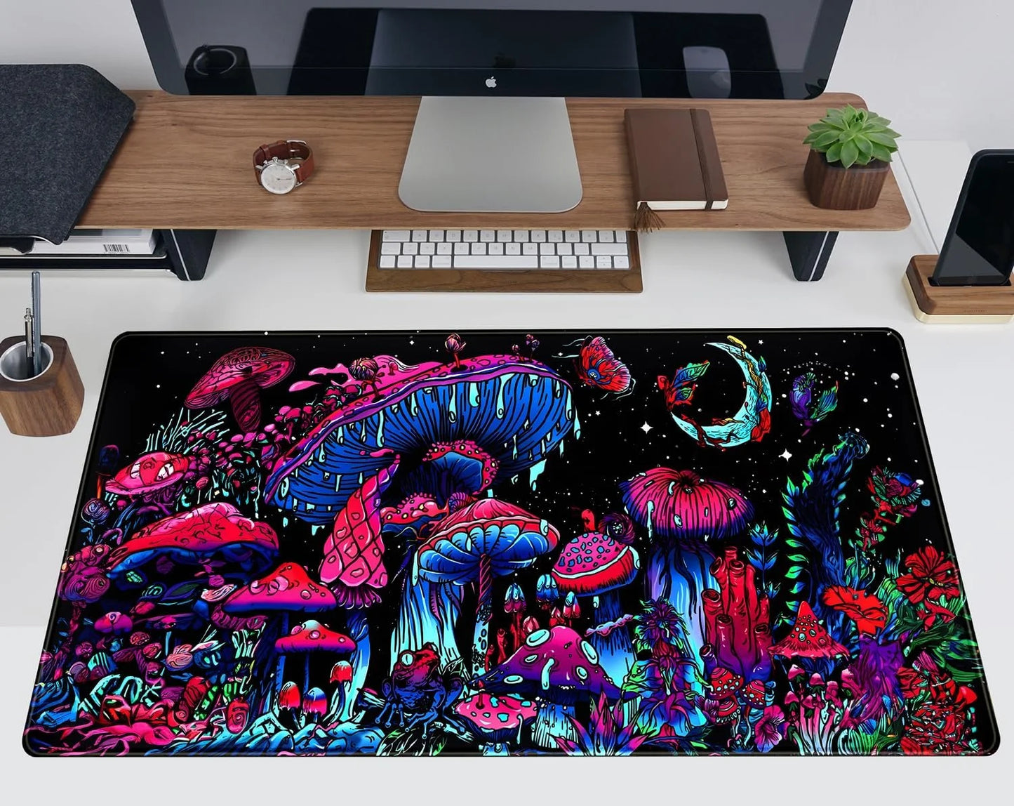 Mushrooms Plants Gaming Mouse Pad Desk Mat, Large Desk Mat for Desktop Large Keyboard Mouse Pad, Xl Mousepad for Women Desk Accessories Non-Slip Rubber Base Keyboard Pad with Stitched Eges 31.5X15.8In