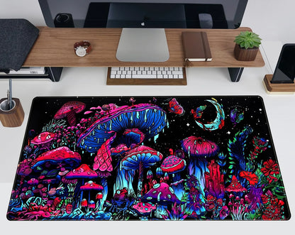 Mushrooms Plants Gaming Mouse Pad Desk Mat, Large Desk Mat for Desktop Large Keyboard Mouse Pad, Xl Mousepad for Women Desk Accessories Non-Slip Rubber Base Keyboard Pad with Stitched Eges 31.5X15.8In