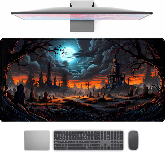Dark Fantasy Castle Desk Mat Extended Desk Pad Gaming Mouse Pad, XXL Large Computer Laptop Keyboard Mat Wireless Mouse Mat, Office Desk Decor Mousepad Deskmat with Stitched Edges Matt 31.5X15.7 In